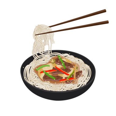 Vektör Illustration Logo Clipart Yemek Çubuğuyla Laghman Eriştesi Yemeye Hazır 