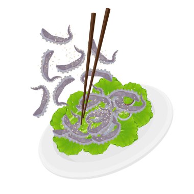 Vector Illustration Logo Climent Levitation Sannakji Kore Çiğ Ahtapot Dokunaçları ve Susam Yağı ve Tost Tohumları
