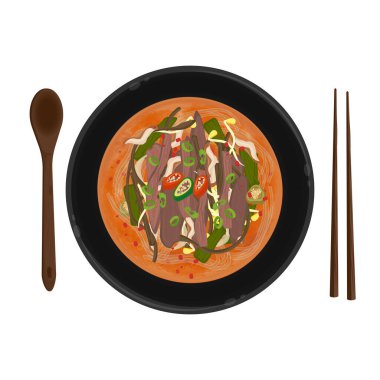 Vector Illustration Logosu Top View Yukgaejang Kore Baharatlı Biftek Çorbası 