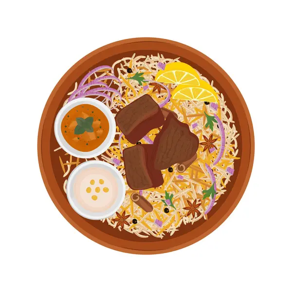Vector Illustration logosu Clipart Top View Beef Biryani veya Indian Rice Biryani