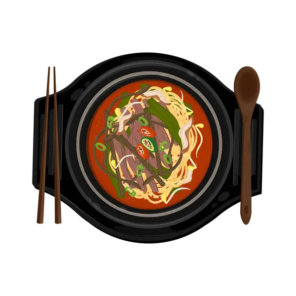 Vektör İllüstrasyon Logosu Üst Görünüm Sebzeli Yukgaejang Baharatlı Et Çorbası Yemeye Hazır
