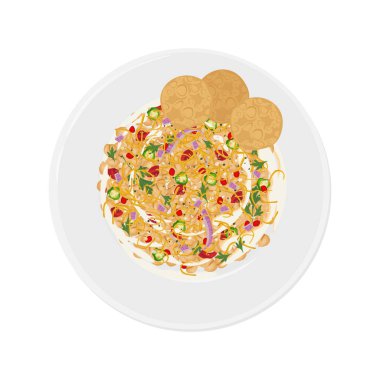 Vektör İllüstrasyon logosu Üst Görünüm Papdi Chaat veya Papri Chaat beyaz bir tabakta