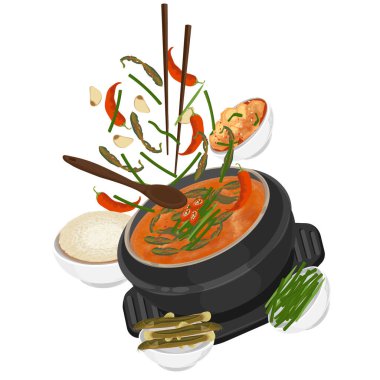 Vektör İllüstrasyon logosu Clipart Levitation Kore geleneksel Çorbası Chueotang veya pirinç ve kimchi ile Loach çorbası 