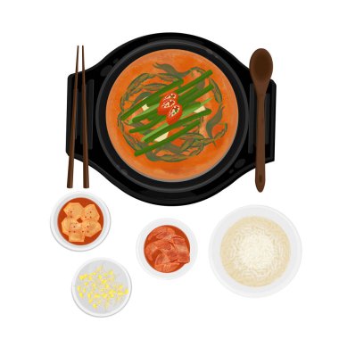 Vector Illustration logosu Clipart Top View Loach çorbası ya da Chueotang with Rice and Kimchi