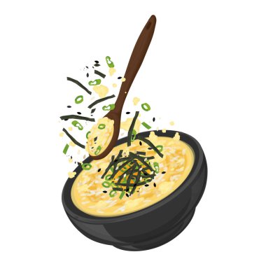 Vector Illustration logosu Clipart Levitation Egg Okayu Japon Pirinç lapası yemeye hazır 