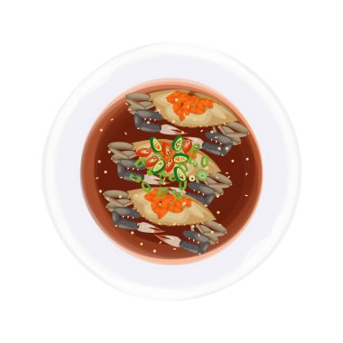 Vector Illustration logosu Üst Görünüm Ganjang Gejang Çiğ Ham Yengeçler Beyaz Tabakta