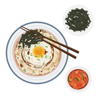 Vector Illustration logosu Üst Görünüm Gyeran Bap Kore Yumurta Pirinci Kimchi ve Nori ile 