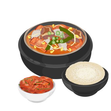 Vektör İllüstrasyon Logosu Clipart Haejjanguk Kore Akşamdan Kalma Çorbası Pilav ve Kimchi ile birlikte