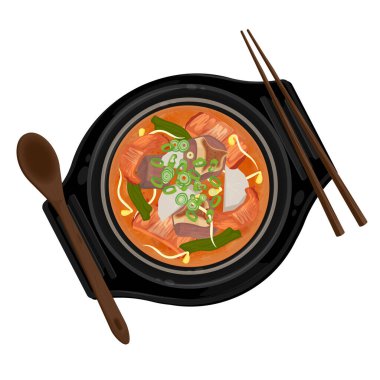 Vector Illustration Logo Clipart Top View Haejjanguk Kore Akşamdan Kalma Çorbası Bir Ttukbaegi üzerinde