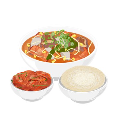 Vektör İllüstrasyon Logosu Haejjanguk Kore Akşamdan Kalma Çorbası Pirinç ve Kimchi