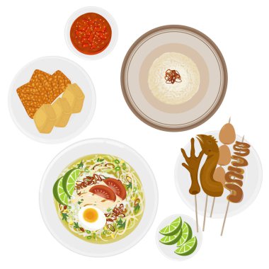 Vektör İllüstrasyon Logosu Soto Pisah veya Ayrı Pirinç ve Eklenmiş Tabak ile Soto Ayam