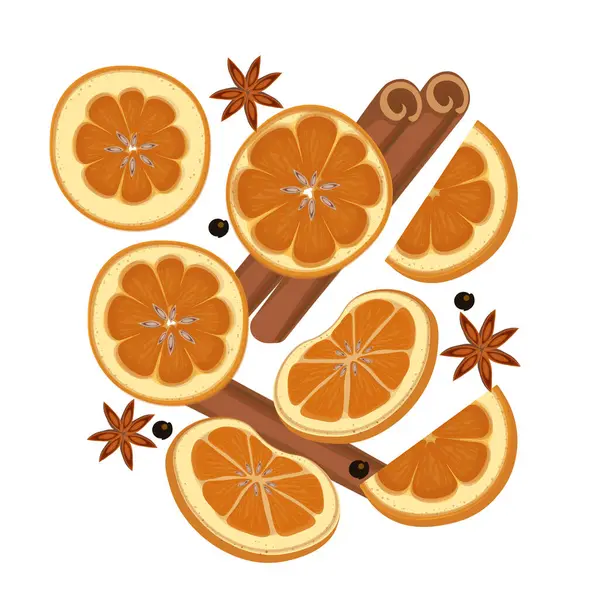 Vektör İllüstrasyon Logosu Beyaz Arkaplanda İzole edilmiş Tarçınlı Kurumuş Portakal Dilimleri