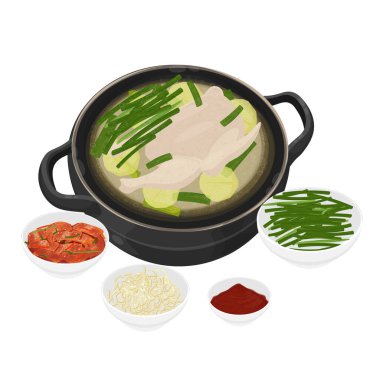 Vector Illustration Logo Clipart Dak Hanmari veya Dak Gomtang with side dish 