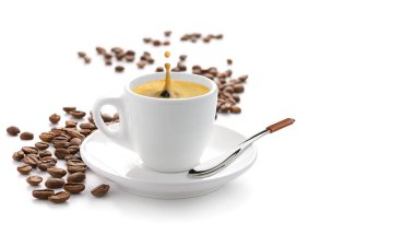 Cup of espresso coffee with a splash drop on a saucer with a spoon and scattered beans isolated on white clipart