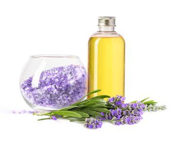 Lavender Spa products with fresh lavender flowers. Essential bath oil and lavender bath salt - beauty treatment on a white background