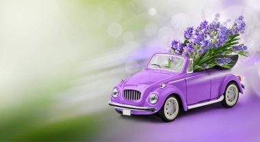 A bunch of lavender in a convertible retro toy car moving over nature background clipart