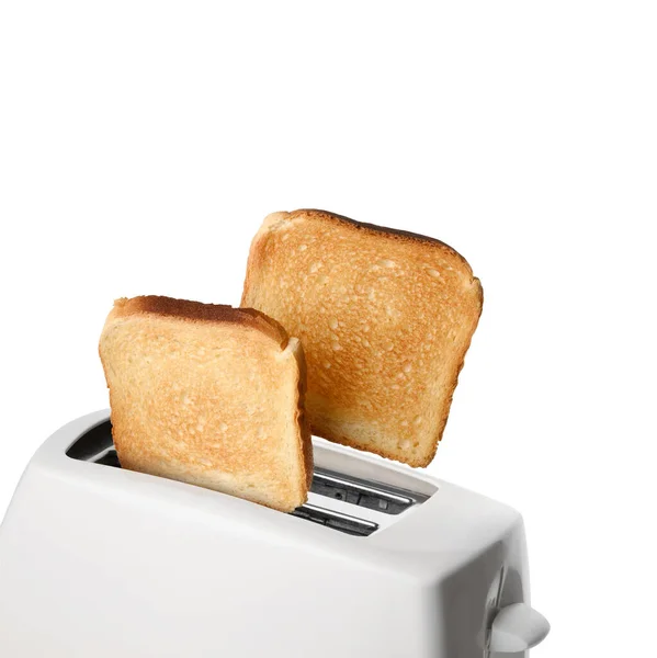 Поджаренный Хлеб Выскакивает Белого Тостера Изолированы Белом Фоне — стоковое фото