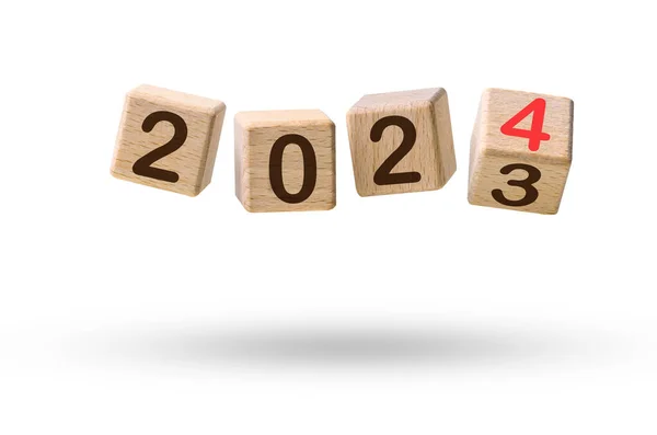 Wooden Cube Blocks Changing New Year 2023 2024 Concept Flying — Stock Photo, Image