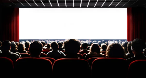 Cinema Blank Wide Screen People Red Chairs Cinema Hall Blurred — Stock Photo, Image