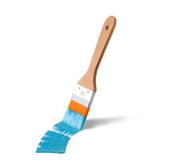 Beyaz zemin üzerinde mavi boya darbesi bulunan boya fırçası