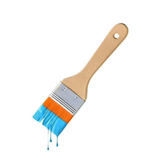 Paintbrush Med Droppande Aqua Blå Färg Isolerad Över Vit Bakgrund — Stockfoto