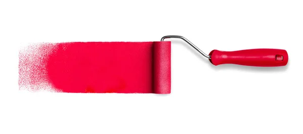 Szczotka Rolkowa Długim Czerwonym Pociągnięciem Toru Farby Izolowane Białym Tle — Zdjęcie stockowe