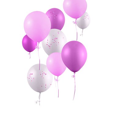 Beyaz arka planda izole edilmiş pembe mor ve beyaz balonlar. Çocuk partisi, sevgililer günü.