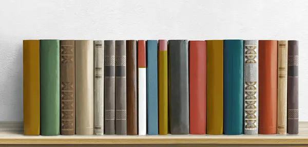 Alte Bücher Auf Einem Holzregal Einer Weiß Strukturierten Wand Stockfoto