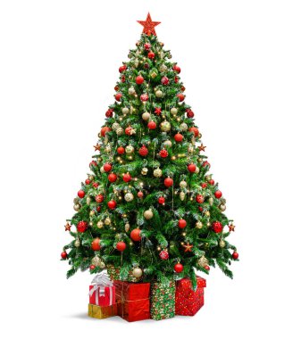 Beyaz arka planda izole edilmiş yılbaşı hediyeleriyle süslenmiş Noel ağacı