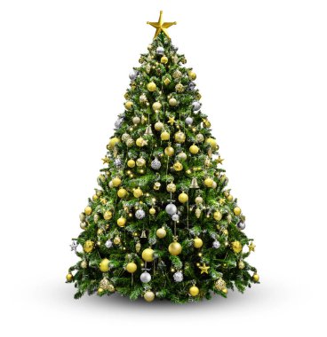 Yeni yıl için altın takılarla süslenmiş Noel ağacı beyaz arka planda izole edilmiş.
