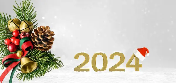 2024 Новогодний Фон Баннер Золотыми Номерами Традиционное Оформление Снежном Фоне Лицензионные Стоковые Изображения