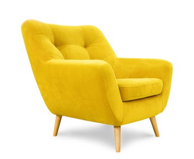 Sarı koltuk beyaz arka planda izole edilmiş. İç tasarım ögesi