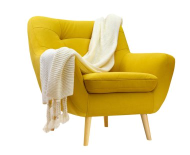 Beyaz arka planda izole edilmiş beyaz örülmüş ekoseli sarı, rahat bir Armseat. İç tasarım ögesi