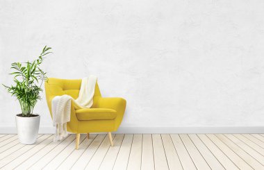 Modern iç döşeme beyaz boş maket duvar, koltuk ve yeşil palmiye bitkisi hafif ahşap zeminde saksıda