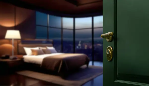 Slightly open door of luxury hotel room or apartment with blur interior background