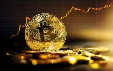Bitcoin ve kripto para yatırımı konsepti. Kripto para değişimi ticareti. Bitcoin 'in yükseliş ve düşüş çizelgesi. Altın Bitcoin ile finansal büyüme kavramı