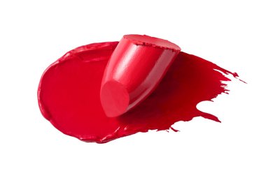 Kırmızı ruj lekesi, canlı bir taç yaprağına benzeyen beyaz bir arkaplanda..