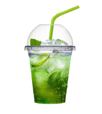 Mojito meşrubat. Yeşil bir içecek, limon dilimleri ve nane şekeri ile kapaklı ve pipetli..