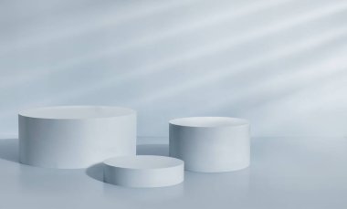 Ürün tanıtımı için gri mavi kaide, ürün tanıtımı için podyum güneş ışığıyla aydınlatılan silindirler için podyum, ürün reklamcılığı için minimalist ve modaya uygun arka plan