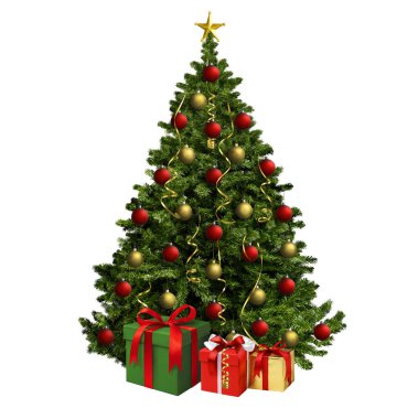 Güzel süslenmiş bir Noel ağacı, kırmızı ve altın süslemelerle süslenmiş, yıldızlı, hediyelerle çevrili..