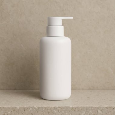 Bej mermer arka plan üzerine sahte beyaz plastik şeker şişesi ideal olarak çeşitli kozmetik ve kişisel bakım ürünleri sıvı sabun, duş jeli, temizleyici, nemlendirici için uygundur