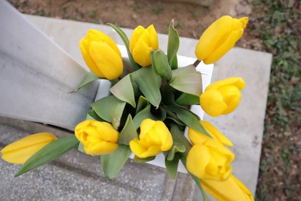 Жовті Тюльпани Вазі Фоні Дерев Яного Столу — стокове фото