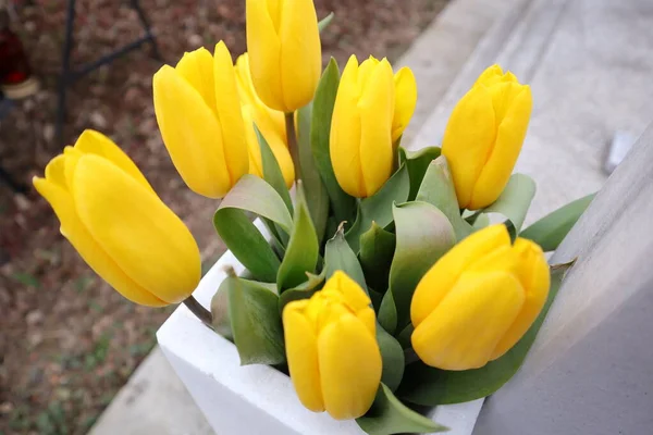 Gelbe Tulpen Einer Vase Auf Dem Hintergrund Eines Holztisches — Stockfoto