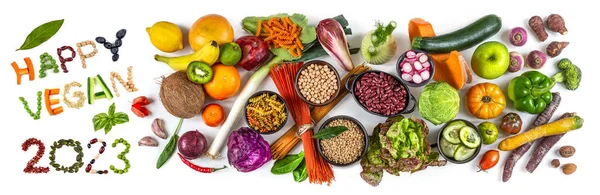 Panoramic Assortment Fruits Vegetables Organic Cereals Wishes 2023 — Stock Photo, Image