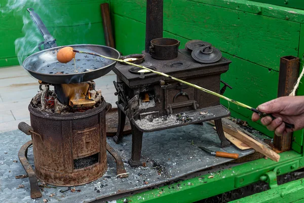 Egg Pierced Branch Cooking Old Wooden Stove — Stock Photo, Image
