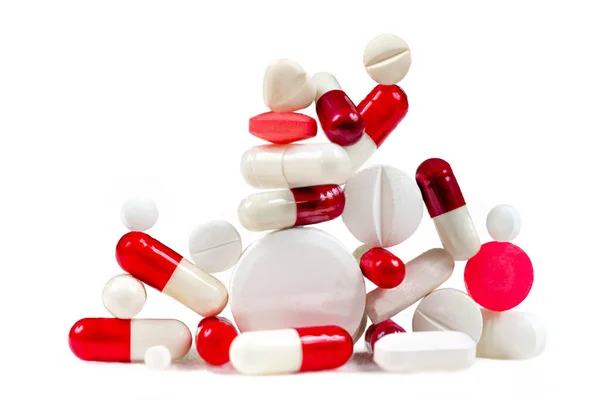 Red White Capsules Medicines Close Cropped White Background — Stock Photo, Image
