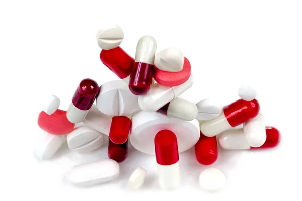 Red White Capsules Medicines Close Cropped White Background — Stock Photo, Image
