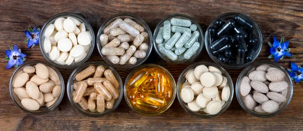 Food Supplements Spread Out Old Board Seen — Stock Photo, Image
