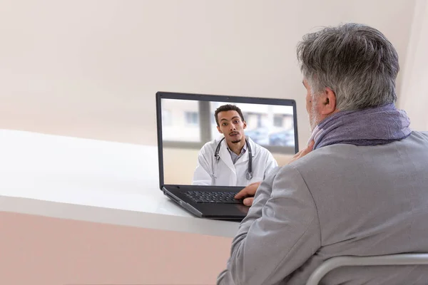 Telemedicine concept. Future broadcast consultation. Diagnosis from home. Video-conference with therapist i