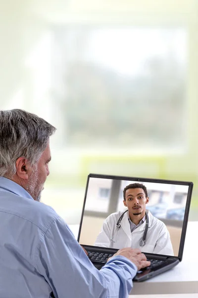 Man Calls Doctor Online Future Broadcast Consultation Diagnosis Home Video — Stock Photo, Image